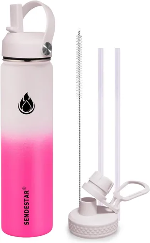 Miniatura 24 de SENDESTAR Botella de agua aislada de 24 onzas, boca ancha, botella de agua de 24 onzas con tapa con popote, tapa de boquilla, acero inoxidable