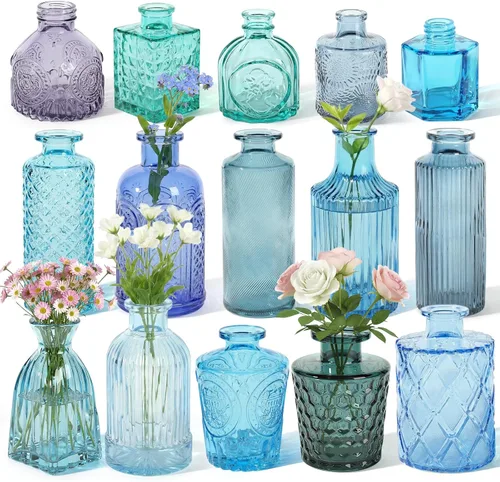 Juego de 15 jarrones de cristal de color azul, pequeños jarrones de flores texturizados para centros de mesa, decoración de mesa de boda, decoración