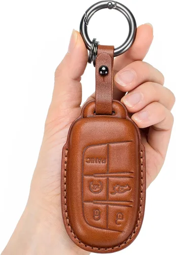 Funda para llavero Jeep de piel auténtica con llavero, compatible con Grand Cherokee Renegade Wrangler Patriot Grand Commander Smart Key Anti-polvo
