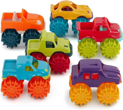 Battat Coches de juguete de plástico - Paquete de 6 y bolsa de almacenamiento - Camiones coloridos para niños pequeños - Fácil de limpiar - Más de 2