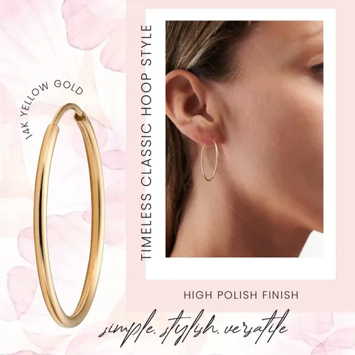 Miniatura 3 de MAZZERI Aretes de aro de oro macizo de 14 quilates para mujer, hipoalergénicos, 0.04 pulgadas de grosor, cierre redondo sin fin, oro amarillo