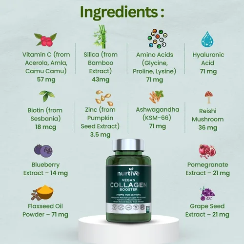 Miniatura 3 de Potenciador de colágeno a base de plantas, soporte vegano con vitamina C, aminoácidos y ácidos hialurónicos, 700 mg/porción, sin OMG, sin gluten