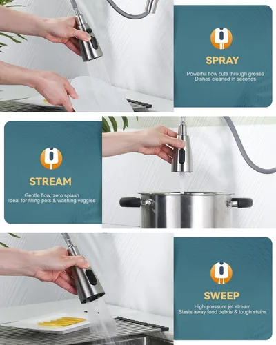 Miniatura 4 de WOWOW Grifo de cocina con rociador, grifo de fregadero de cocina, acero inoxidable SUS 304, grifo de cocina de níquel cepillado de arco alto