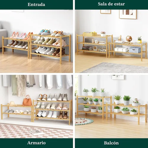 Miniatura 7 de Smiry Zapatero de bambú para armario, organizador de zapatos apilable de 3 niveles, estante de almacenamiento de zapatos independiente para entrada
