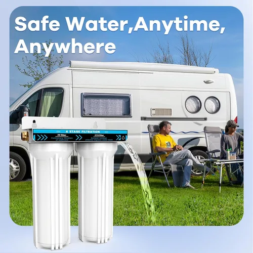Miniatura 6 de Sistema de filtro de agua doble para RV, sistema de filtración de agua de 4 capas y 2 etapas, elimina sedimentos, cloro, metales pesados, olores