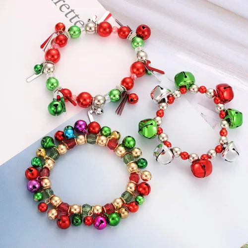 Miniatura 3 de 3pcs Christmas Jingle Bell Bracelets Xmas Multi Color Beaded Charm Stretch Bracelet Christmas Holiday Party Favors for Women Jewelry Gift