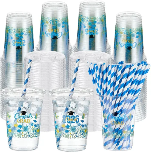 Miniatura 26 de Sliner 50 juegos de vasos de plástico a cuadros de 16 onzas con tapas y pajitas de papel, vasos desechables transparentes para fiesta de autos