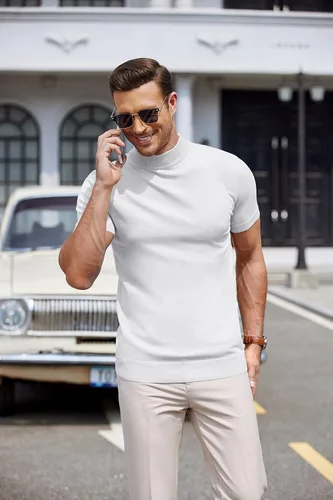 Miniatura 2 de COOFANDY Suéter de cuello alto falso para hombre, de manga corta, color sólido, básico, ajustado, de punto