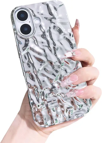 Miniatura 14 de Funda compatible con iPhone 14 Pro, Diseño Lindo de Lujo con Papel de Estaño Plisado, Fundas de Teléfono de Moda para Mujeres, Electrochapado
