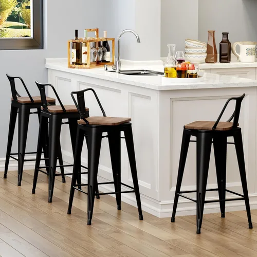Miniatura 6 de Yongchuang Juego de 4 taburetes de bar giratorios de 26 pulgadas con respaldo, taburetes de bar industriales de metal negro con asiento de madera