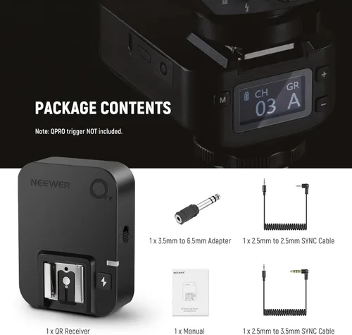 Miniatura 8 de NEEWER Receptor flash inalámbrico QR 2.4G para NEEWER QPRO-C, QPRO-N, QPRO-S, contacto único con puerto de sincronización de 0.098 in, zapatos