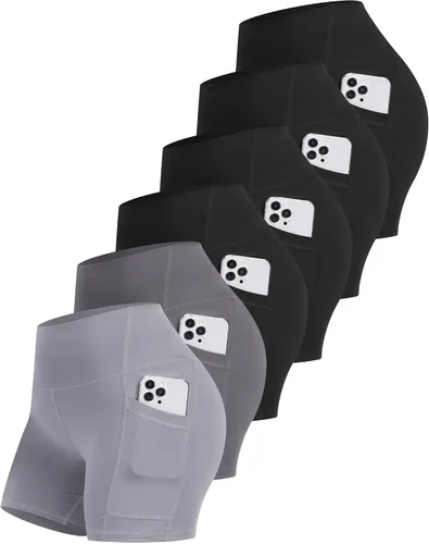 Miniatura 9 de CHRLEISURE - 6 paquetes de pantalones cortos de mujer estilo biker con bolsillo, pantalones cortos de elastano de control de abdomen de 5 pulgadas