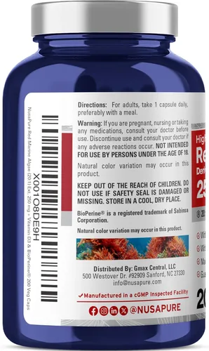 Miniatura 3 de NusaPure Algas marinas rojas 5,000 mg 200 cápsulas vegetales (sin OMG y sin gluten) Bioperine