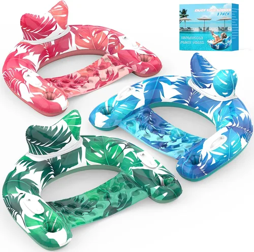 KEUCL Flotadores de piscina, paquete de 3 sillas inflables para piscina con portavasos y asas, flotadores de piscina para adultos y niños, perfectos