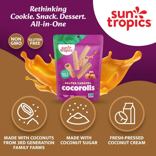 Miniatura 5 de Sun Tropics CocoRolls Sabor a caramelo salado de 4 onzas Galletas de oblea enrolladas crujientes, rollos de coco hechos con crema de coco pura