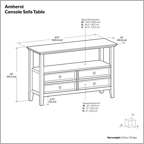 Miniatura 2 de SIMPLIHOME Amherst - Mesa consola – Mesa de sofá de madera maciza de 48 pulgadas de ancho en color marrón nogal, mesa de almacenamiento
