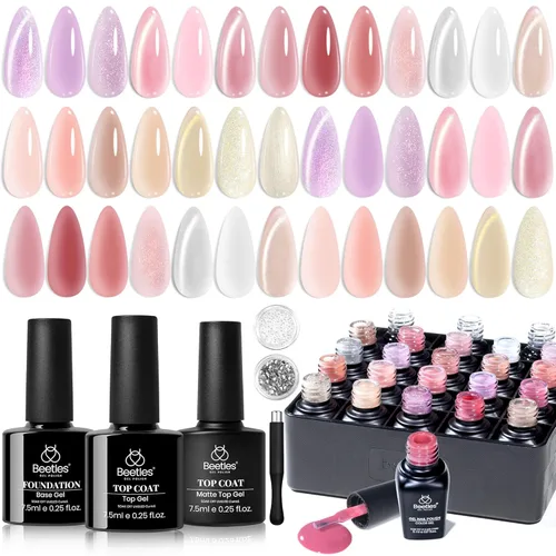 Miniatura 21 de beetles Gel Polish Juego de esmaltes de uñas de gel de 16 colores, blanco, marrón oscuro, rosa, colores nude, esmalte de uñas natural con 3 piezas