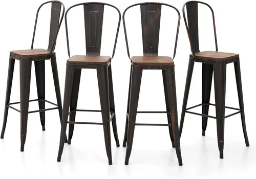 Miniatura 4 de Sophia & William Juego de 4 taburetes de bar de metal de 30 pulgadas con respaldo alto con asiento de madera, taburetes de bar para interiores