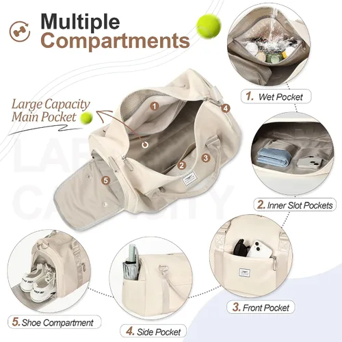 Miniatura 2 de FIORETTO Bolsa de deporte para mujer con bolsillo para artículos húmedos y compartimento para zapatos, bolsa de lona deportiva durante la noche, fin
