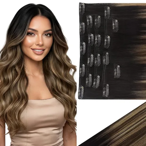 Miniatura 23 de Ve Sunny Extensiones de cabello clip-in de cabello humano real con reflejos, extensiones de cabello con clip para cabello corto, marrón oscuro