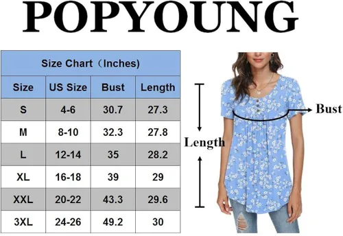 Miniatura 4 de POPYOUNG - Blusa veraniega para mujer, de manga corta, informal y suelta, estilo túnica, con botones y pliegues