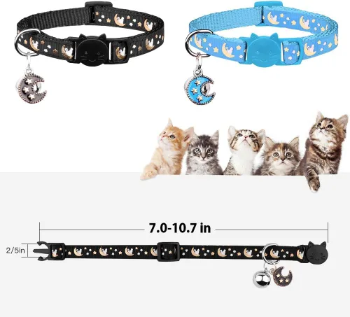 Miniatura 4 de Baeuppit 2 collares de gatos separables para niños y gatos, ajustables, con campana, color negro y azul claro Negro + azul claro