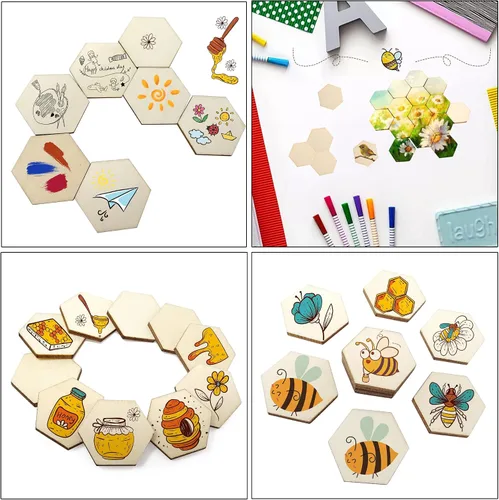 Miniatura 3 de Honbay 50 piezas de 1.57 pulgadas hexagonales en blanco sin terminar rebanadas de madera para manualidades, decoración del hogar, juegos, educación