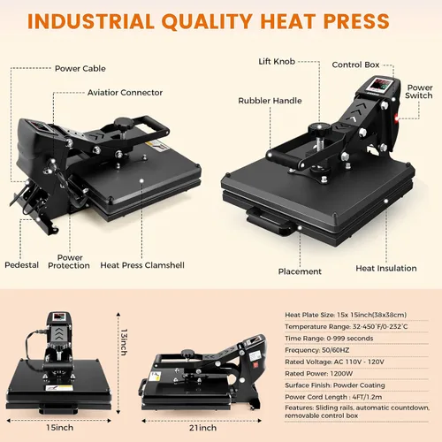 Miniatura 7 de Whubefy -Prensa de calor mejorada 15x15 deslizable, máquina de transferencia de calor digital de sublimación de calidad industrial con 5 hojas