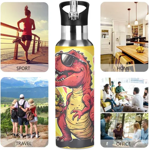 Miniatura 5 de Insulated Stainless Steel Water Bottle with Straw 32 Oz, Leakproof Water Bottles for Gym Outdoor Travel School, Red Dinosaur Hamburger Yellow