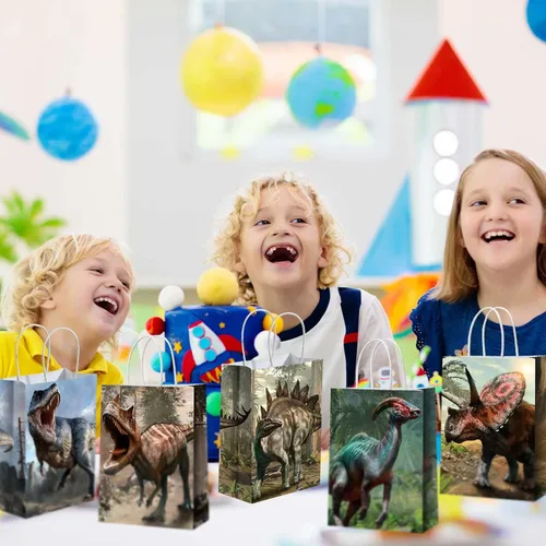Miniatura 6 de Funrous Bolsas de regalo de fiesta de dinosaurio con asas, bolsas de papel para golosinas con temática de dinosaurio, paquete de papel