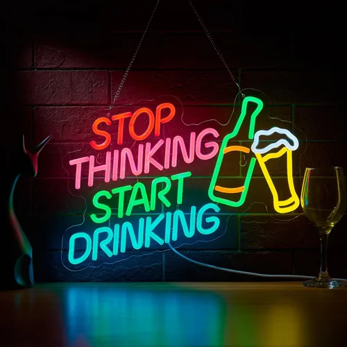 Letrero de neón "Dejar de pensar, empezar a beber" para barra, señal de pared con interruptor regulable para pub de cerveza, letreros de neón LED