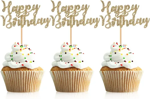 Miniatura 8 de 48 piezas de decoración para cupcakes de feliz cumpleaños, color negro, con purpurina, suministros de decoración de fiesta de cumpleaños