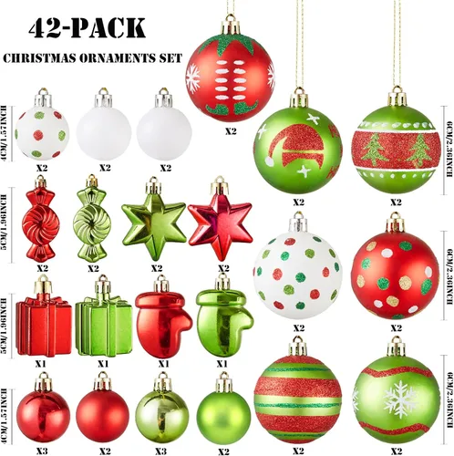 Miniatura 3 de Juego de 42 adornos de bolas de Navidad - Adornos de Navidad rojos y verdes surtidos, inastillables, brillantes, colgantes, adornos de árbol