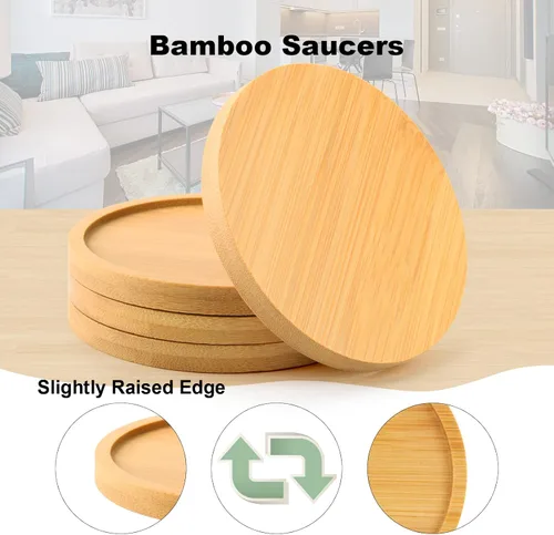 Miniatura 4 de Cosmos 4 piezas de platillo de bambú para suculentas, bandeja de drenaje con borde elevado para macetas pequeñas de 3.5 pulgadas (forma redonda)