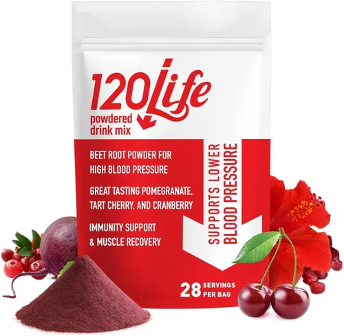 120LIFE Apoyo a la presión arterial, mezcla de bebida natural de raíz de remolacha con polvo de granada, suplemento de arándano, cereza ácida,