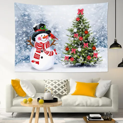 Miniatura 13 de HVEST Tapiz navideño de invierno para colgar en la pared, muñeco de nieve divertido con sombrero azul y tapices de regalo de Navidad, tapiz de pino