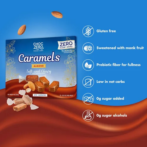 Miniatura 3 de ChocZero Caramelos de Almendra Sin Azúcar, Blandos y Masticables con Almendras Tostadas, Dulce Keto, Todo Natural, Snack Bajo en Carbohidratos