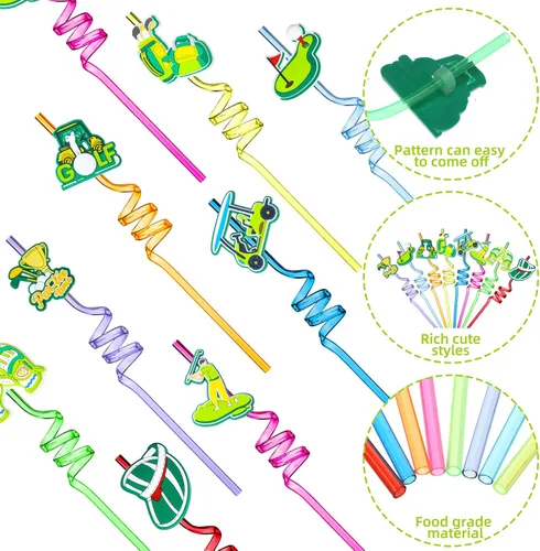 Miniatura 3 de Eaasty 24 pajitas de plástico reutilizables para fiestas de golf, regalos de golf, regalos de fiesta temática deportiva, 8 estilos, 8