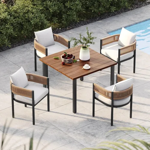 Miniatura 35 de Juego de comedor al aire libre Grand Patio de 5 piezas para 4, sillas de patio fijas de mimbre tejido metálico con cojines engrosados y 1 mesa