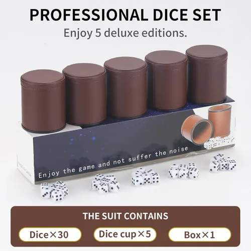 Miniatura 2 de Paquete de 5 vasos de dados de piel sintética con forro de fieltro de terciopelo con 25 dados de puntos para juegos de dados Yahtzee Farkle, marrón