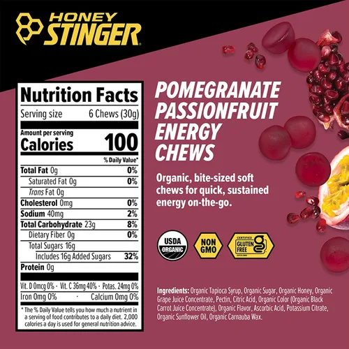 Miniatura 2 de Honey Stinger Gomitas Energéticas Orgánicas de Granada y Maracuyá, Sin Gluten y Sin Cafeína, para Ejercicio, Carrera y Rendimiento, Nutrición