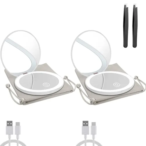 Miniatura 17 de Espejo compacto con luz LED, espejo recargable con aumento 1x/10x, 3.5 pulgadas, espejo de viaje regulable para bolso, bolsillo, espejo de Oro rosa