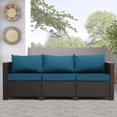 Miniatura 9 de Oasishine Muebles de patio de 3 asientos, sofá de mimbre para exteriores, sofá de exterior, asiento profundo, respaldo alto, cojines Caqui