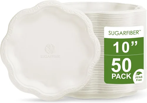 Bagasse - Acanthus Collection platos florales desechables de primera calidad de diez pulgadas, fibras de caña de azúcar natural, 100 % natural,