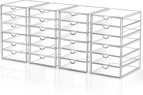 Organizador de almacenamiento para cajones de maquillaje con 24 cajones, set de 4 organizadores acrílicos para escritorio de oficina y