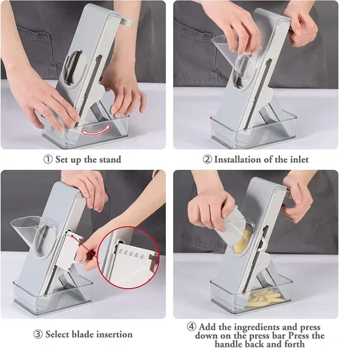 Miniatura 6 de Cortador de mandolina seguro para cocina, picador de verduras 4 en 1, tiras ajustables para rebanar alimentos, juliana, dispositivo vertical