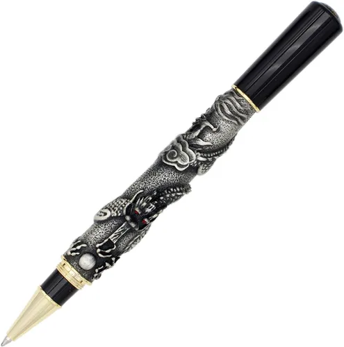 Gullor Bolígrafo antiguo, 3D realista dragón chino tallado, bolígrafo de metal con caja de regalo, gris antiguo plateado