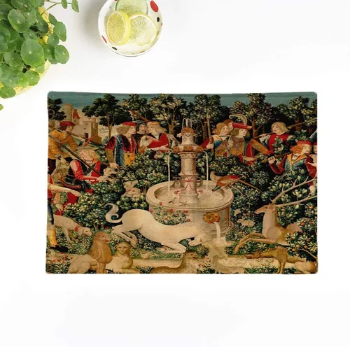 Juego de 4 manteles individuales Doodlefly unicornio tapices medievales caza The Found Mythical Creatures 18 x 12.5 pulgadas, decoración de fiestas,
