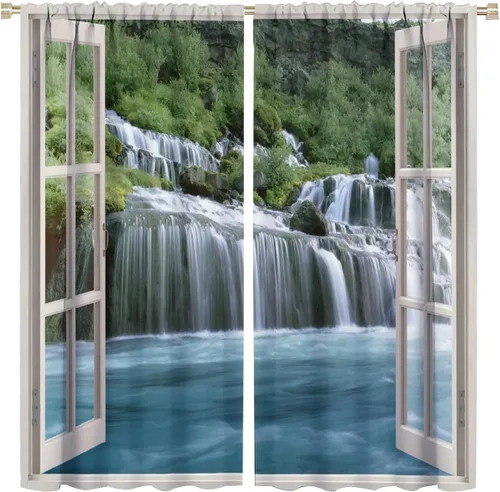 Miniatura 19 de Cortina opaca de bosque de verano, diseño de ramas de bosque, con bolsillo para barra, cortinas farbic con bolsillo para barra, comedor, cafetería