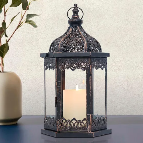 NEEDOMO Linternas Decorativas para Interiores, 14.8'' Linterna Vintage para Exteriores con Vidrio Transparente, Portavelas de Metal para Porche